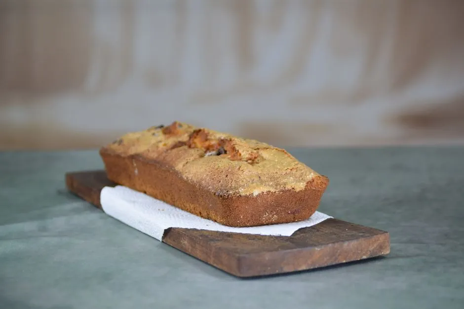 A homemade banana bread loaf on a rustic wooden board, showcasing texture and warmth.