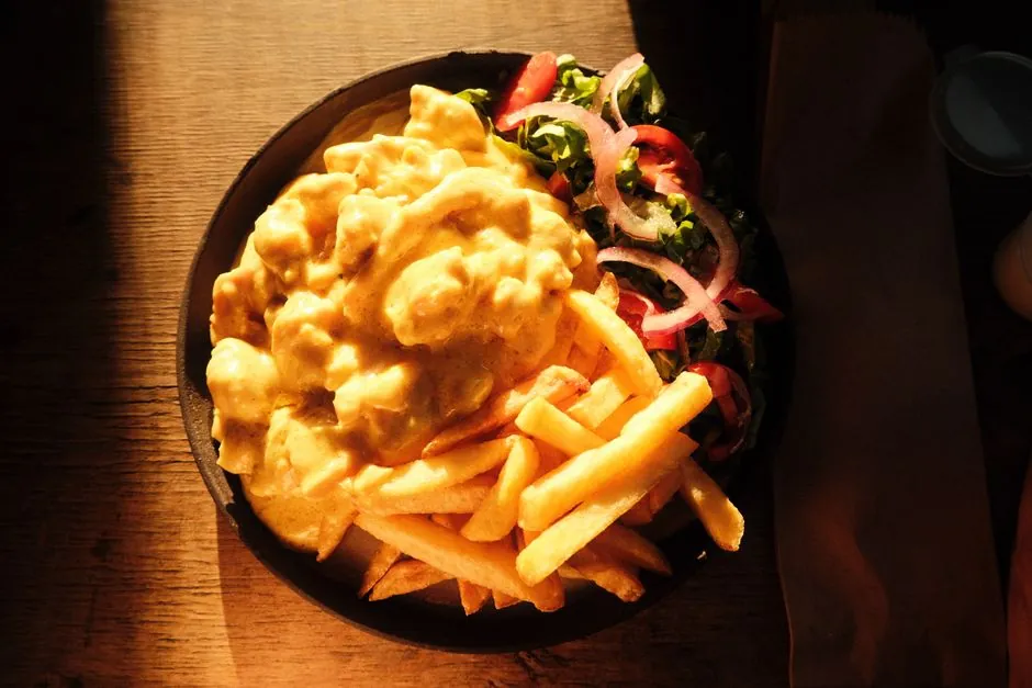 A mouthwatering plate of creamy chicken, fries, and fresh salad bathed in warm sunlight.