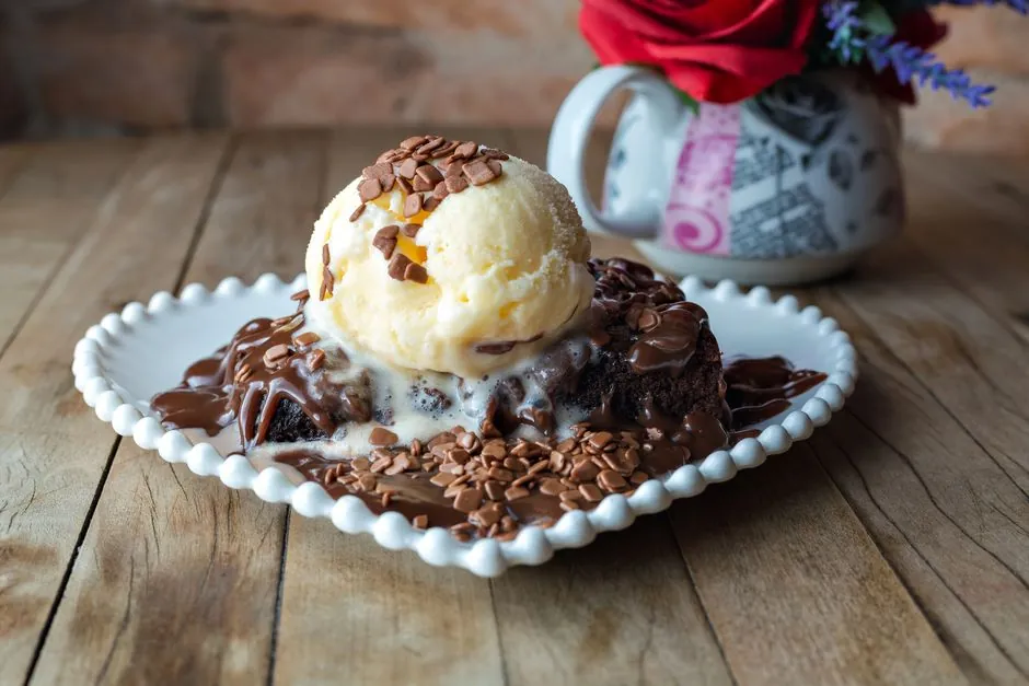 Indulge in a delicious chocolate brownie topped with vanilla ice cream and chocolate sprinkles.