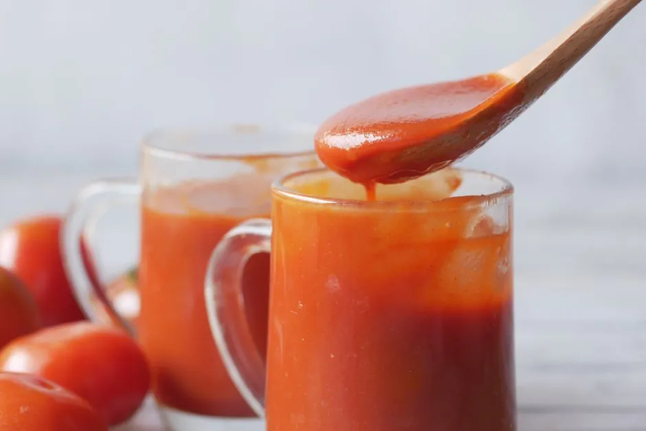 Close-up of tomato sauce in glasses with tomatoes beside them.