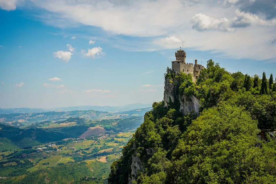 Panoramic view of Cesta Tower in San Marino, showcasing stunning landscapes and historical architecture.