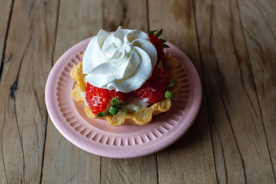 Delicious strawberry tart topped with whipped cream, served on a pink plate. Perfect for dessert lovers.