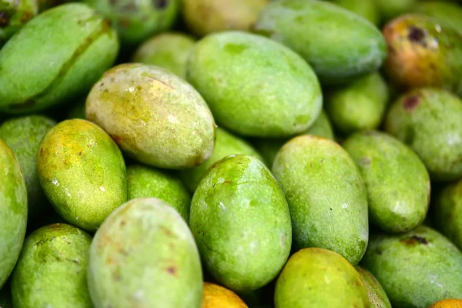 Close-up of fresh green mangoes at a Taipei market stall, showcasing their tropical and juicy appeal.