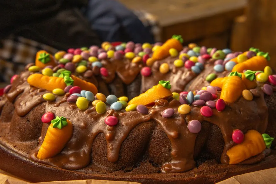 Close-up of a chocolate Bundt cake adorned with colorful candies and frosting, perfect for festive celebrations.
