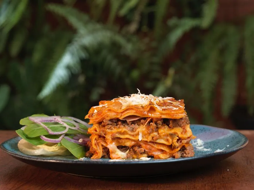 Appetizing lasagna served with a fresh salad, highlighted by vibrant colors and textures.
