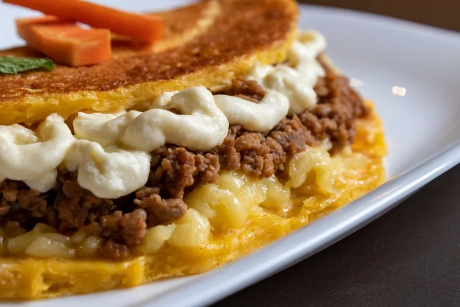 Mouth-watering close-up of a traditional Venezuelan cachapa with cheese and meat filling on a plate.