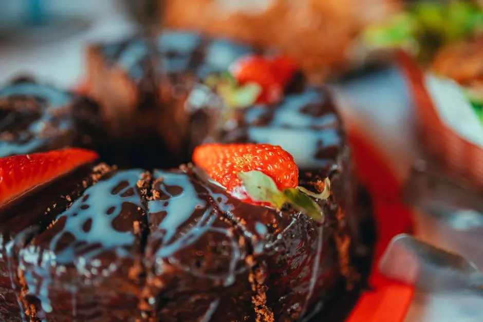 Indulge in a rich chocolate cake topped with fresh strawberries and glaze.