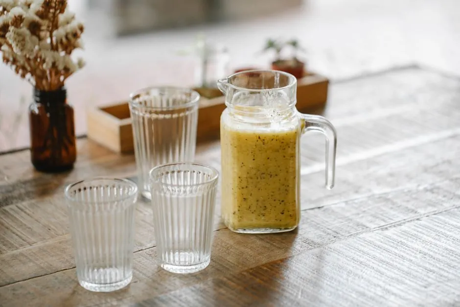 Jar with fresh tasty smoothie near empty glasses on wooden table in restaurant