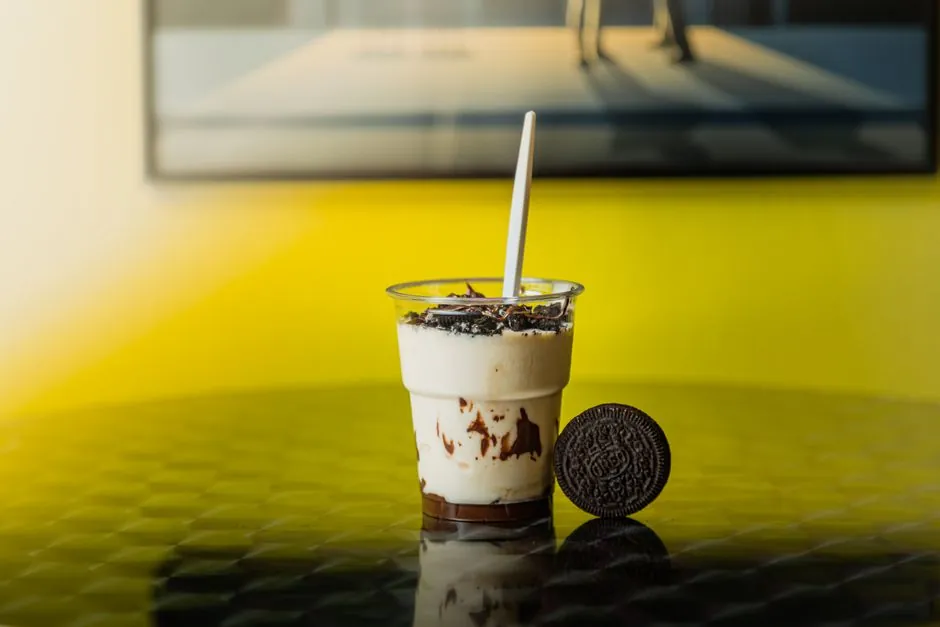 Creamy Oreo milkshake on a reflective surface with a yellow backdrop. Perfect sweet treat visual.