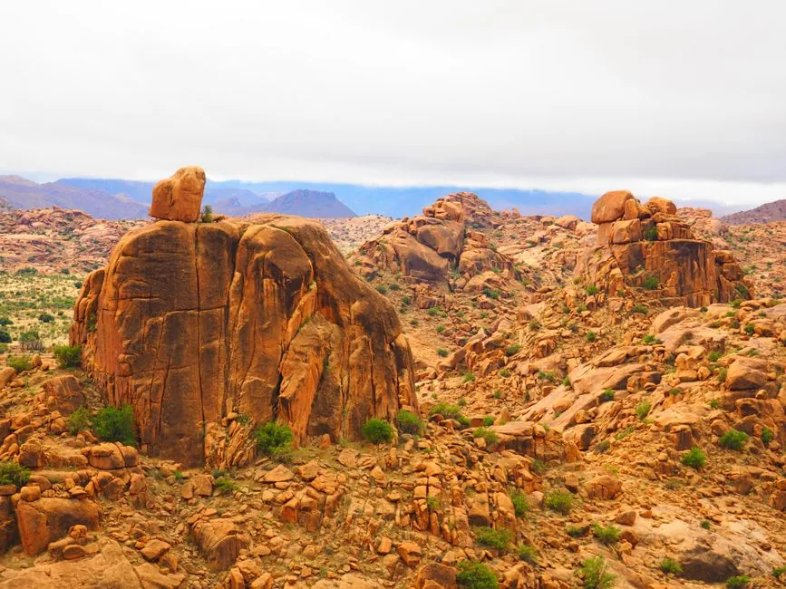 Explore the stunning rocky terrain of Tafraoute, Morocco, showcasing natural beauty and unique geologic formations.