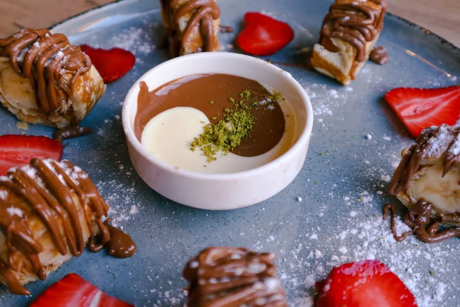 A tempting dessert plate featuring chocolate sauce and fresh strawberries.